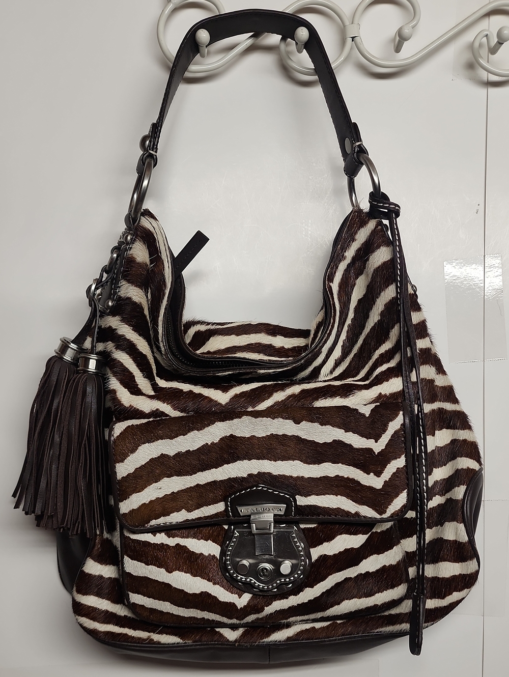 Talbots 100% Haircalf & Leather Zebra-Print Large Hobo Bag tassel accent AMAZING